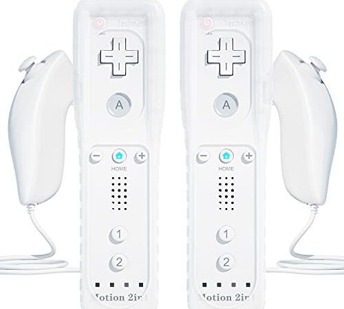 2 Pièce Manette de Wii avec Nunchuk et Motion Plus,TechKen Télécommande de Wii sans Fil Contrôleur Manette Wii Remote Plus Moteur de Vibration avec Mouvement de Wii Controller Nunchuck pour Wii/Wii U