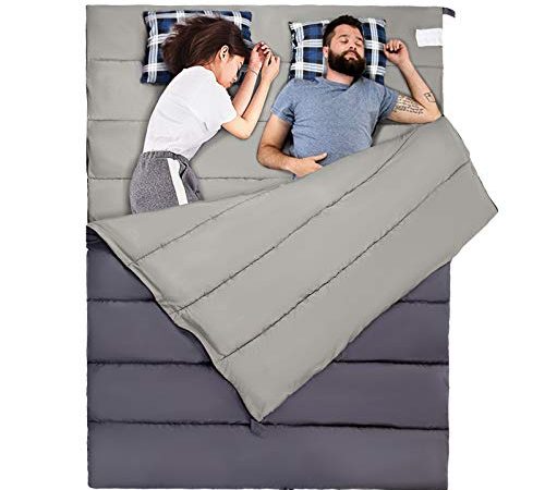 Active Forever Double Sac de Couchage, Sac de Couchage 2 Places 220 * 150cm Duvet Double Détachable avec 2 Oreillers 0 ° C / 32F ~ 10 ° C / 50F Adulte (Bleu Marine)