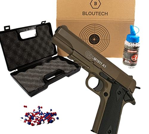 AIRSOFT PISTOLET BLOUTECH CULASSE METAL RESSORT/2000 BILLE 6MM/AVEC CARTON BLOUTECH IMPRIMES MULTI-CIBLES RECUPERATEUR DE BILLE POUR TIR/MALETTE/0.5 JOULE/MOYEN DEFENSE LEGAL/JOUER/FAIRE FUIR NUISIBLE