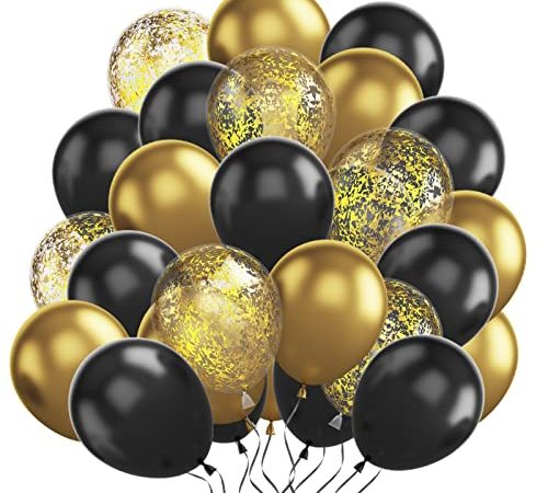 Ballon Noir et Or, 60Pcs Ballon Anniversaire Noir et Or, Helium Pour Ballon Or Métallisé Noir Ballon Confettis Or Pour Decoration Anniversaire Ballon Baby Shower Ballon Marriage Décorations De Fête