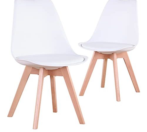 BenyLed Lot de 2 Chaises de Salle à Manger Scandinaves, Siège Cuisine Plastique Similicuir, Blanc