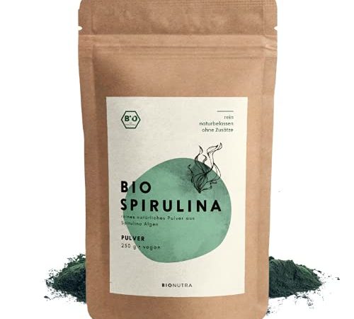 BIONUTRA® Spiruline bio | en poudre | 250 g | Agriculture biologique | Végan | Sans additifs | Arthrospira platensis | Riche en Fer, Acide Folique & Chlorophylle | Emballage opaque et refermable