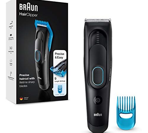 Braun HairClipper Tondeuse Électrique Homme Cheveux Et Barbe, Lames Affûtées Et Inusables Noir/Bleu, Conçues Pour Durer 2 Fois Plus Longtemps, 9 Réglages De Longueur, HC5010