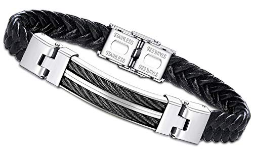 CASSIECA Bijoux Bracelet Homme Acier Inoxydable Cordon en Cuir À La Main Tressé Noir Large Bracelet en Cuir avec Boucle Aimantée