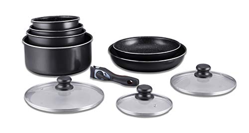 Herzberg Batterie de Cuisine - lot de casserole induction - set casserole et poele tous feux - set de cuisine en revêtement pierre avec manche amovible 10 pieces HG-5000 Noir