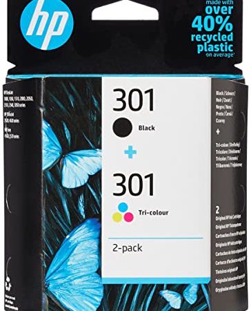 HP 301 Pack de 2 Cartouches d'Encre Noire et Trois Couleurs Authentiques (N9J72AE)