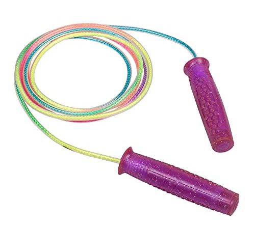 Idena 40198 Corde à sauter avec poignées à picots scintillantes pour enfants, couleurs vives, longueur 1,9 m, pour sports de loisirs, jeux de mouvement et différents tours