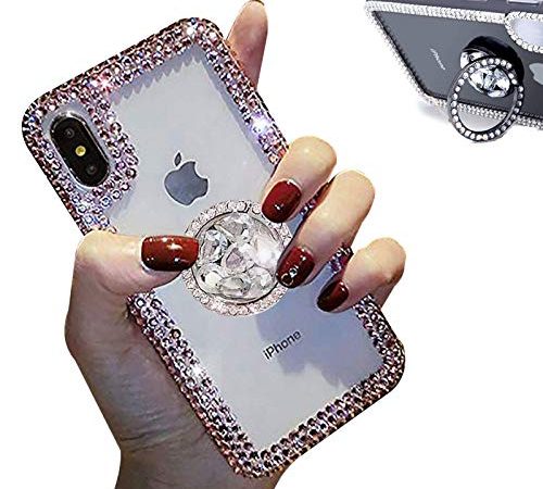 Jorisa Coque Diamant Paillettes Compatible avec iPhone 12 Mini 5.4 Pouce,Brillant Scintillant Cristal Strass Bague Anneau Support Étui Fille Femme Transparent Clair Silicone Housse,Coloré