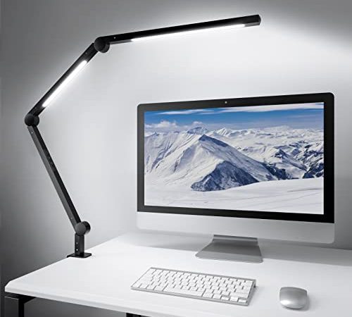 Lampe de Bureau à LED, Lampe D'architecte de Bras Pivotante à Double Lumière avec Pince, Lampe de Table de Bureau à Commande Tactile avec 4 Températures de Couleur et Luminosité Réglable