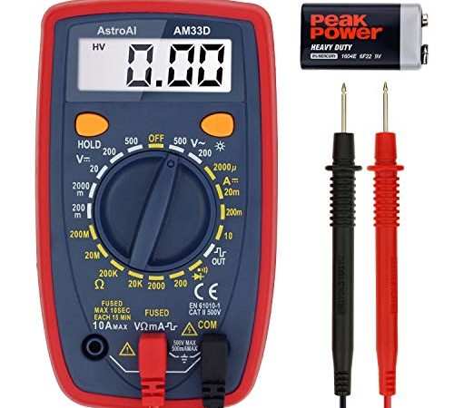 Multimètre Numérique Portable AstroAI, Testeur Électrique Multifonctions 2000, Multimètre Digital, Voltmètre, Ampèremètre, Ohmmètre, Testeur de Tension AC/DC, Courant DC, Résistance, Continuité, Diode