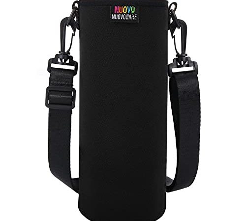 Nuovoware Porte-Bouteille en Néoprène Sac fourre-Tout 1000ml avec Bandoulière Réglable, Portable et Isolé, Parfait pour Bouteille en Acier Inoxydable et en Plastique - Large, Noir