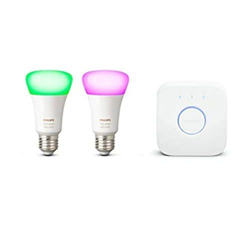 Philips Hue Kit de démarrage Ampoules LED connectées White & Color Ambiance E27, Pack de 2 + pont de connexion, Fonctionne avec Alexa