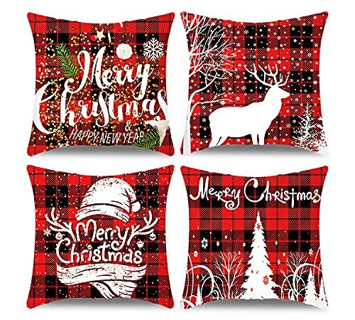 Sumtoco Housse Coussin Noël Coussin Taie d'oreiller de Noël Ensemble de 4 Oreiller Noel Canapé Rouge Decoratifs Plaid Housses de Coussin pour Déco Noel Intérieur Maison Les Voitures Canapés