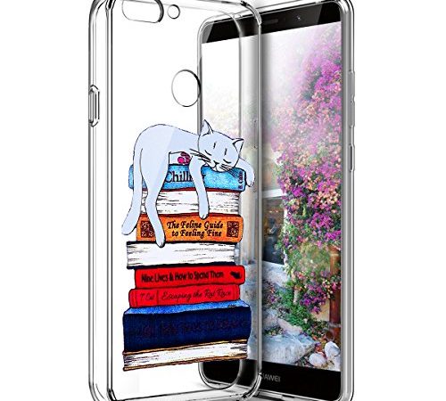 Surakey Coque Huawei P Smart Transparente Silicone Gel TPU Souple Housse Etui de Protection Bumper Dessin de Belle Fleur Papillon Crystal Clear Téléphone Couverture pour Huawei P Smart, Chat