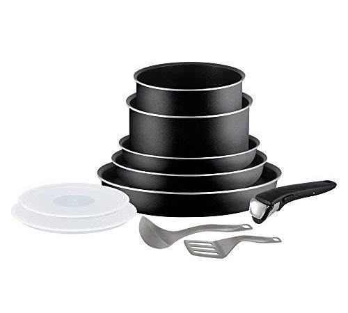 Tefal Ingenio Essential Batterie de cuisine 10 pièces, Poêles, Casseroles, Couvercles hermétiques, Spatule, Louche, 1 poignée, Tous feux sauf induction + four, Fabriqué en France L2009802