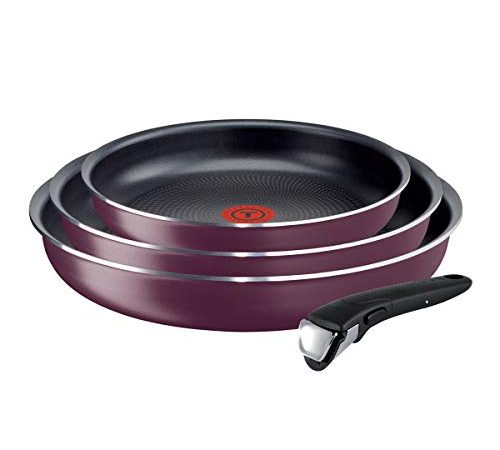 Tefal Ingenio Essential Batterie de cuisine 4 pièces, Poêles 22/24/26 cm, 1 poignée classic noire, Compatible tous feux sauf induction + four, Fabriqué en France L2019202, fabriqué en France