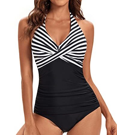 Viloree Femme Maillot de Bain 1 pièce Amincissante Slim Push Up Monokini Dos Nu Bikini Noir a Rayures L