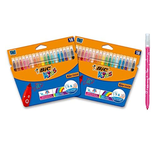 BIC Kids Kid Couleur Feutres de Coloriage à Pointe Moyenne - Couleurs Assorties, Lot de 2 Etuis Carton de 18