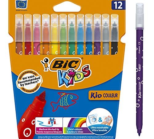 BIC Kids Kid Couleur Feutres de Coloriage à Pointe Moyenne - Couleurs Assorties, Etui Carton de 10+2