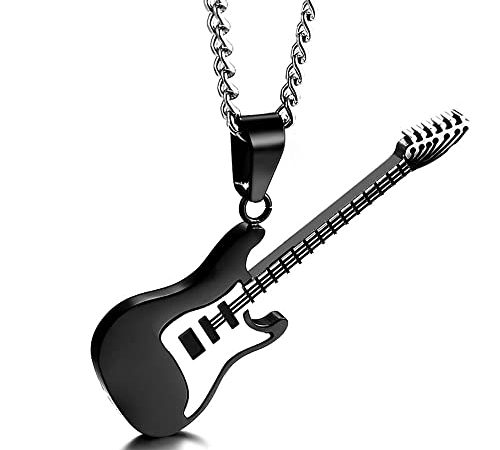 BOBIJOO Jewelry - Pendentif Collier Guitare Electrique Rock Acier Or Noir ou Argent + Chaîne - Acier Noir