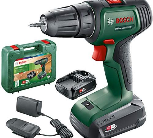 Bosch perceuse-visseuse sans fil UniversalDrill 18V (2 batteries, système 18 V, livré avec deux embouts de vissage et coffret)