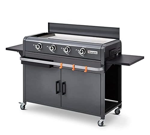 BRASERO - Plancha Lola à gaz sur Chariot équipé Gun Metal - 4 brûleurs à gaz - jusqu'à 14 convives - Surface de Cuisson 88 x 35,5 cm - 9,6 KW - Récupérateur de Graisse