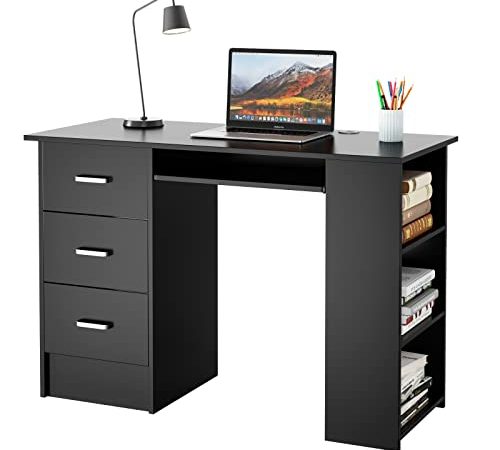 Bureau d'ordinateur Table d'écriture Poste de Travail en Bois avec Tiroirs Étagères et Plateau pour Clavier (Noir)