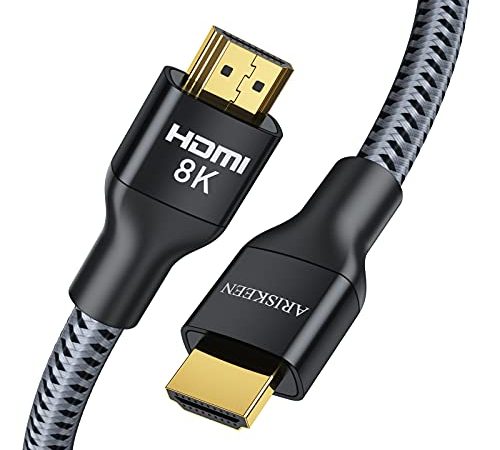 Câble HDMI 2.1 8K 2M, ARISKEEN Ultra HD 48Gbps Câble HDMI Tressé en Nylon Haute Vitesse, Prend en Charge 8K@60HZ, 4K@120Hz, Compatible avec TV Xbox One PS4 PS5 Switch Monitor Blu-ray Soundbar