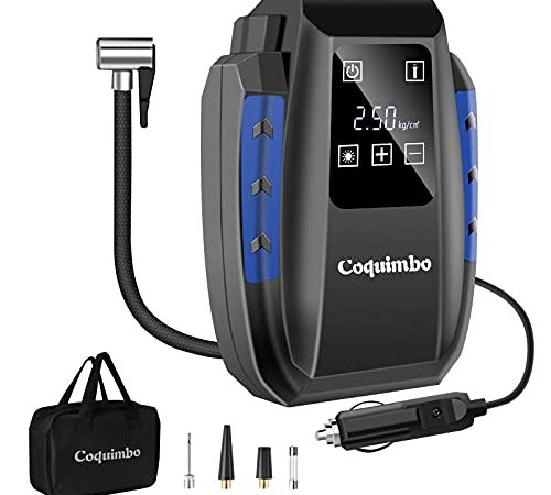 Coquimbo Compresseur Voiture Portatif 12V, Gonfleur Pneus Voiture, 150PSI Electrique Compresseur Voiture Numérique avec 3 Adaptateurs de Buse et Lampe LED et Sac de Rangement pour Vélo Voiture (Bleu)