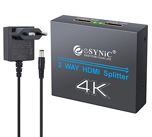 ESYNiC 4K HDMI Séparateur 1X2 Ultra HD 2160P 4K x 2K HDMI Amplificateur Distributeur Switcher 1 Entrée 2 Sortie FHD 1080P 3D avec Alimentation EU