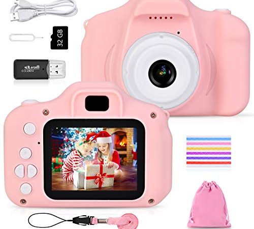 Faburo Appareil Photo Enfant Mini Numérique Caméra pour Enfant pour Jouet Cadeau Filles Garçons de 3 à 10 Ans, 12 Mpixels, 32G TF Carte, Vidéo HD 1080p, 510 Coins Photo pour Jeu en Plein air (Rose)