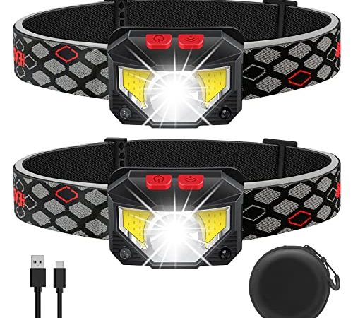 GARRAS Lampe frontale LED Rechargeable, 800 Lumens Torche Frontale avec Lumière Rouge Blanche, 2-Pack étanche Détecteur de Mouvement Phare, 8 Modes pour Camping, Pêche, Cyclisme ,Course à pied