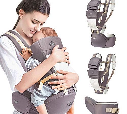 GBlife Porte Bébé Ventraux Ergonomique avec Siège à Hanche Poches en Coton Léger et Respirant 4 en 1 Multiposition pour Nouveau-né Bébé 0-36 mois 3.5-20kg (Gris)