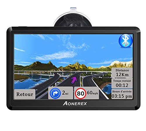 GPS Voiture avec Bluetooth, Aonerex Auto Navigation 7 Pouces Écran Tactile 52 Cartographie 2022 UK & Europe Mise à Jour Gratuite à Vie avec Avertissement de Trafic Vocal et Rappel de Limite de Vitesse