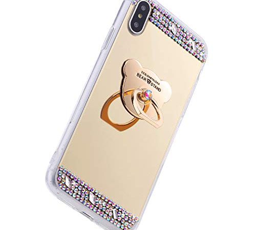 Herbests Compatible avec Coque iPhone XS Max Miroir Paillette Cristal Strass Brillante Étui Miroir Back Cover pour Femme Fille [Ultra Mince] [Anti Choc] Soft Gel TPU Bumpe Etui,Or