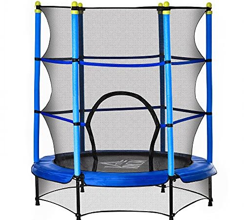 HOMCOM Trampoline Enfant Ø 1,40 × 1,60H m Filet de sécurité Porte zipée Couvre-Ressorts 6 poteaux rembourrés Inclus Bleu