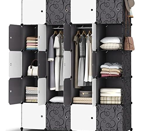 HOMIDEC Armoire Penderie 20 Cube Portable Étagère de Rangement, 35 x 45 cm Cube Plus Profond Garde-Robe de Rangement avec 3 Tige Suspendue pour Vêtements Chaussures Jouets, Noir et Blanc