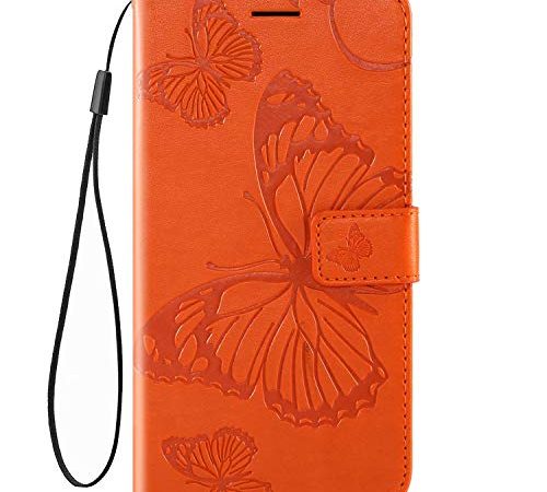 Hpory Housse de Téléphone Oneplus 7 Coque Portefeuille en Cuir PU Etui à Rabat Housse de Protection en Relief Papillons Magnétique Pure Color Case Cover,Orange