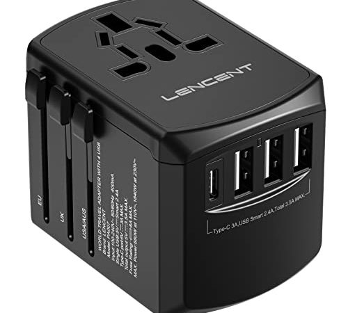 LENCENT Adaptateur de Voyage avec Prises Anglaise/Europe/Americaine/Australie, Chargeur de Voyage Internationale, 3 USB et 1 Type-C Murale Adaptateur AC Universel et pour Voyager Plus de 200 Pays