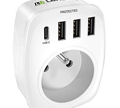 LENCENT Prise USB Secteur Multiple, Chargeur USB Multiprises avec 1 Sortie AC, 1 USB C et 3 Ports USB, Prise Murale Electrique Compatible avec iPhone/iPad, Idéal pour Chambre Bureau Domicile 4000W