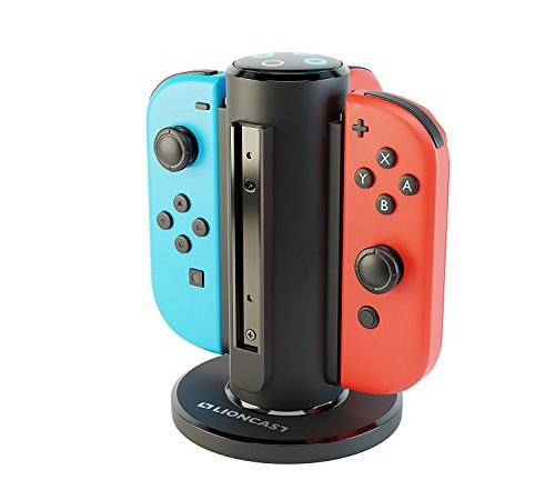 Lioncast Quadruple Chargeur Joy-Con - Station de Charge Switch 4-Emplacements - Support Recharge Compatible avec la Manettes Nintendo Switch - Indicateur de Charge LED, Pied avec Grip