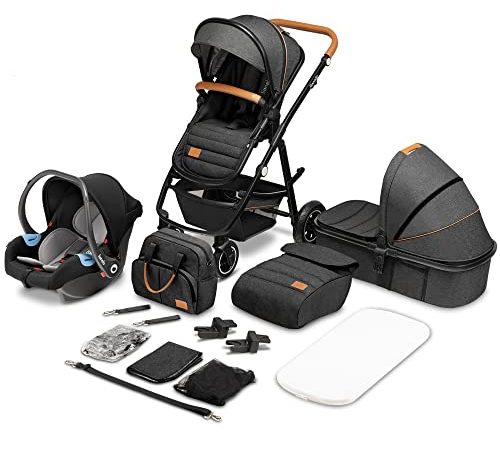 LIONELO Amber 3 in 1 poussette multifonctionnellle, landau, ensemble poussette avec siège sport et nacelle fixe, sac, moustiquaire, couvrir, feuille de pluie mit siege auto (Gris fonce)