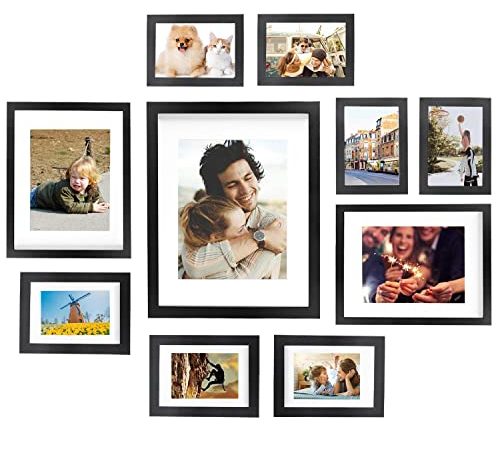 Lot de 10 Cadres Photo, Cadres Photo en Bois Noir avec 4 Tailles Différentes, Comprenant Accessoires/Support/Crochets, Family Cadre Photo Mural, Décoration de la Maison Cadeau Mariage et Anniversaire