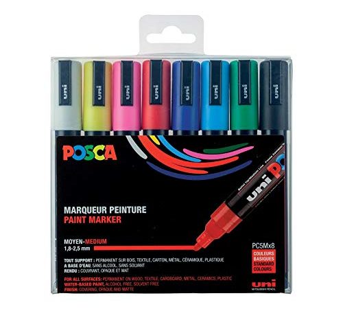 Mitsubishi Pencil - 8 Marqueurs Posca PC5M - Pointe Conique - Couleurs Classiques - Posca Pointe Moyenne - Marqueurs Peinture à Base d'Eau - Tout Support - Pour Papier, Textile, Verre, Galet, Bois