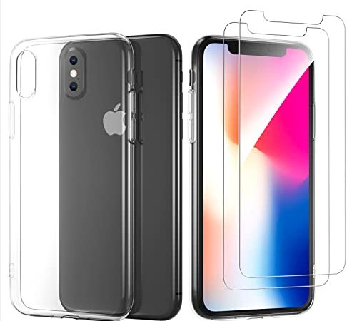 NEW'C Coque pour iPhone X, XS Ultra Transparente Silicone en Gel TPU Souple et 2 × Verre trempé pour iPhone X, XS Film Protection écran