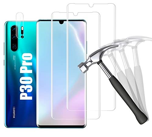 NUOCHENG [2 Pièces] Verre Trempé pour Huawei P30 Pro+1 Pièce Caméra Lens Protecteur, 3D Incurvé Couverture Complète, HD Ultra, Dureté 9H, Sans Bulles Film Protecteur d'écran pour Huawei P30 Pro