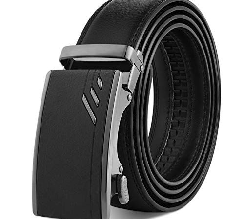 OOPOR Ceinture en Cuir Véritable Homme - Réglable à Cliquet Ceinture Boucle Automatique Jeans Ceintures Réglable sangle Noir pour Pantalon Costume Homme Pantalon de Travail Porte clés et Cadeau Box