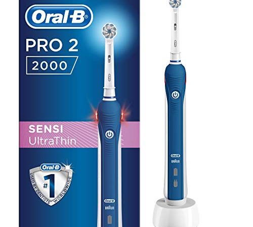 Oral-B Pro 2 2000 Sensitive Clean Brosse à dents électrique, avec 2 modes de brossage y compris Sensitive et contrôle visuel de la pression pour l'hygiène dentaire, conçu par Braun, bleu