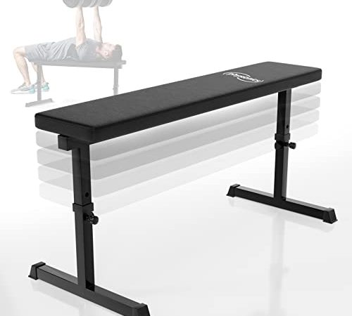 Physionics® Banc de Musculation Plat - Réglable en Hauteur (5 Positions), 103x47x44-57cm, Cadre en Acier, Coussin Rembourré, Max.200kg - Banc d'Haltérophilie, Exercices, Entraînement, Fitness, Gym