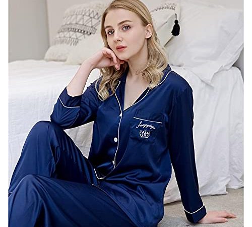 Pyjama Femme Satin Set - Ensemble De Pyjama À Boutons 2 Pièces avec Poche Cardigan À Manches Longues Vêtements De Nuit - Chemise Et Pantalon Unis en Soie Glacée Vêtements De Nuit Homew